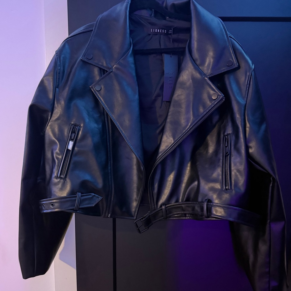 Lioness Black Leather Motorcycle Jacket Asymmetrical Design